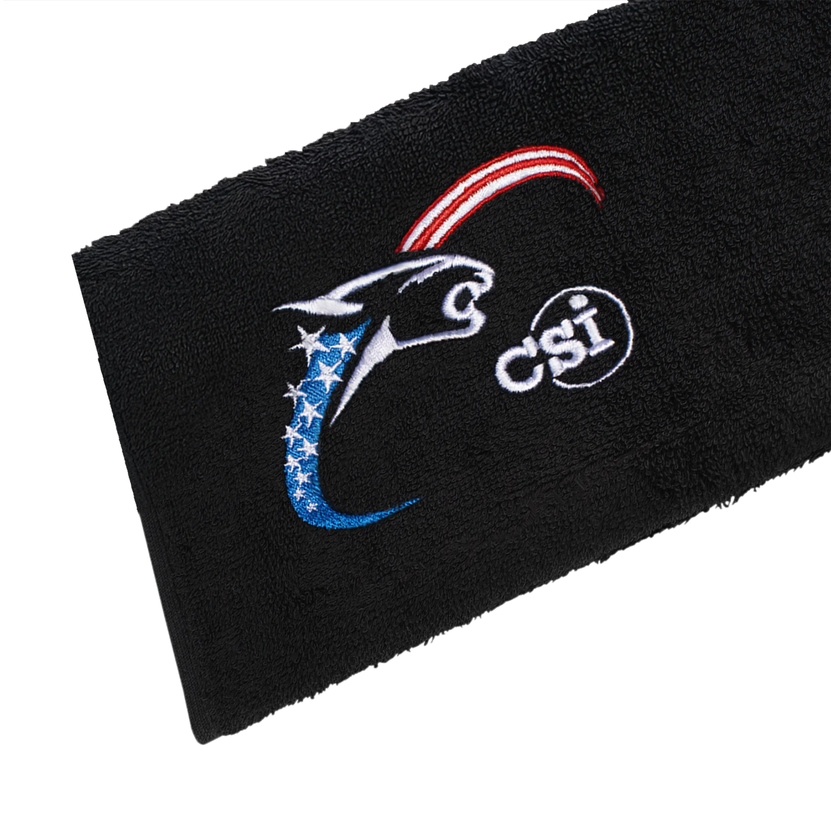 Black towel with red, white, and blue CSI Brand