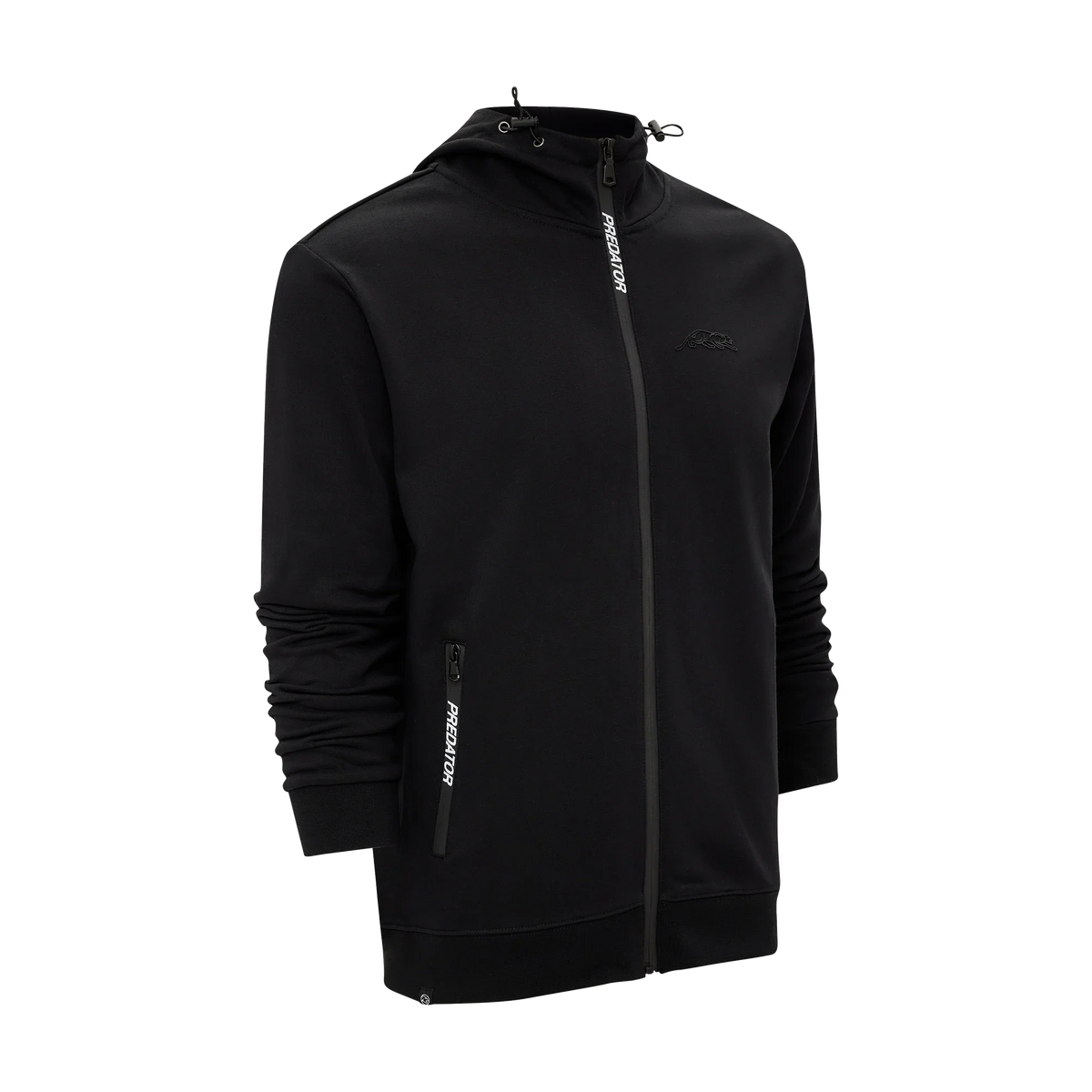 Black Zip-up Jacket With Predator On Zipper and Pocket Trim