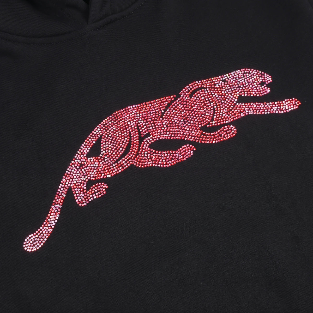 Champion Shine Hoodie Black with Pink Panther Closeup On Rhinestones