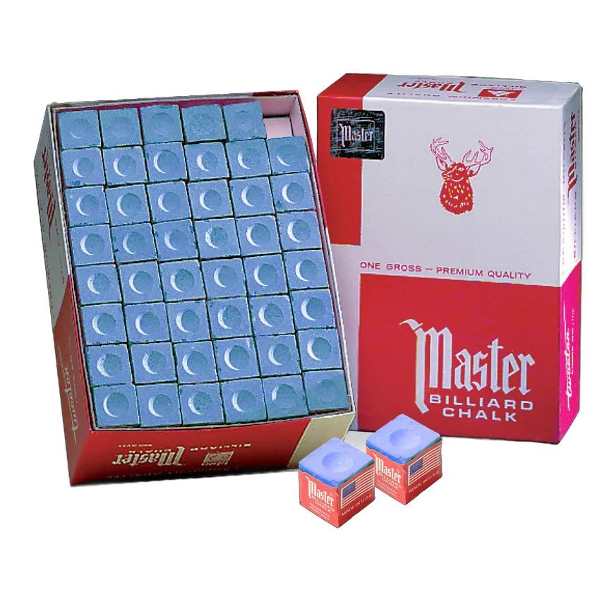Master Blue Billiard Chalk, 144 Pieces, in Open Box with Two Loose Cubes