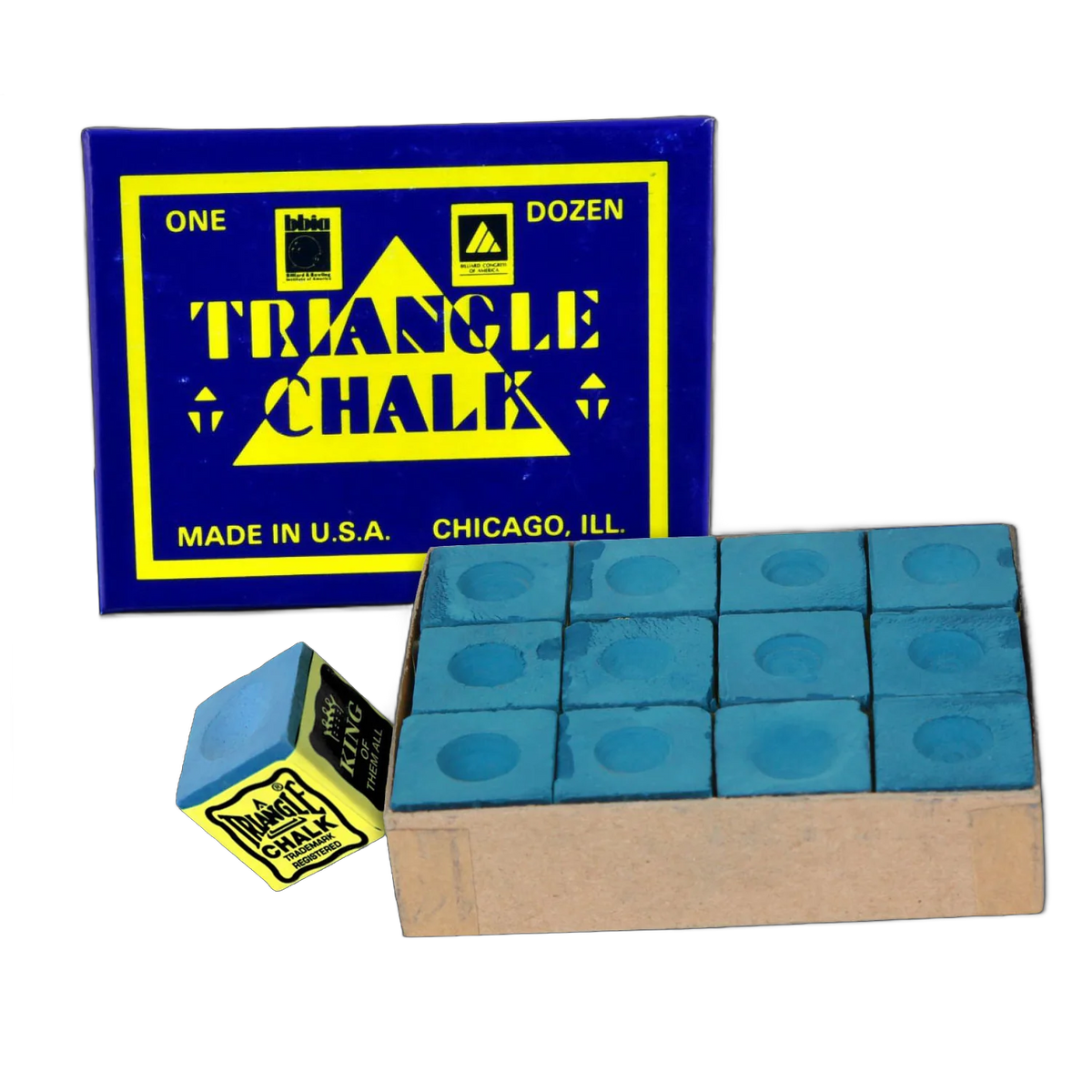 Triangle Blue Billiard Chalk, 12 Pieces, Open Tray with Box and One Loose Cube