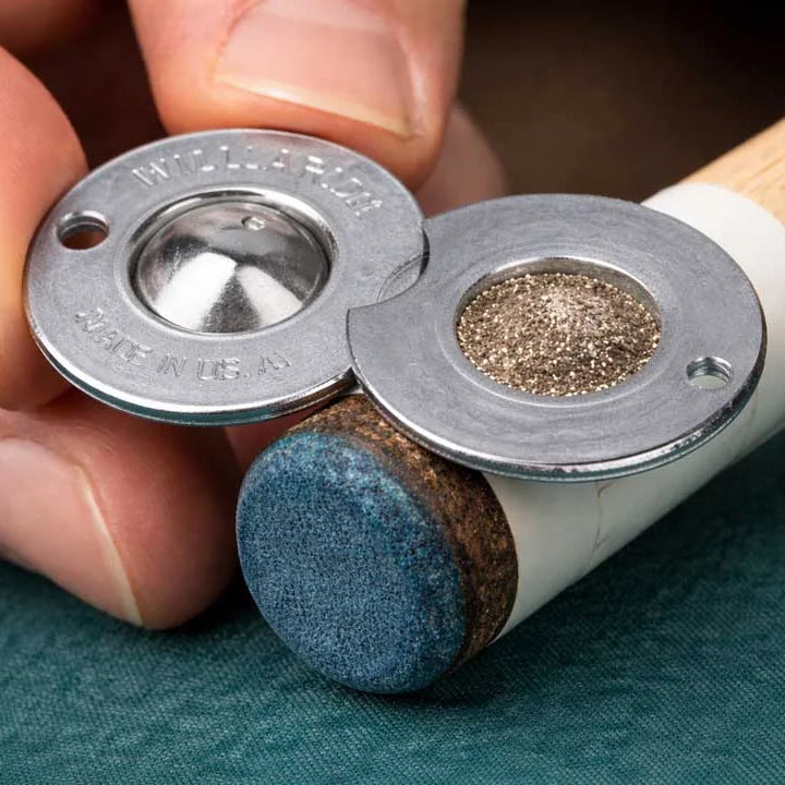 Willard's Cue Tip Shaper and Scuffer Held Against a Blue Cue Tip