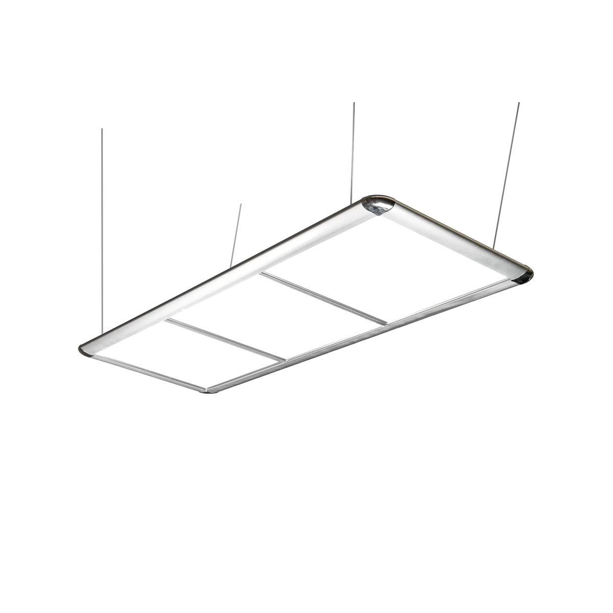 LED Flat Panel Billiard Lamp With Three Light Panels in a Silver Frame, Suspended on Steel Cables