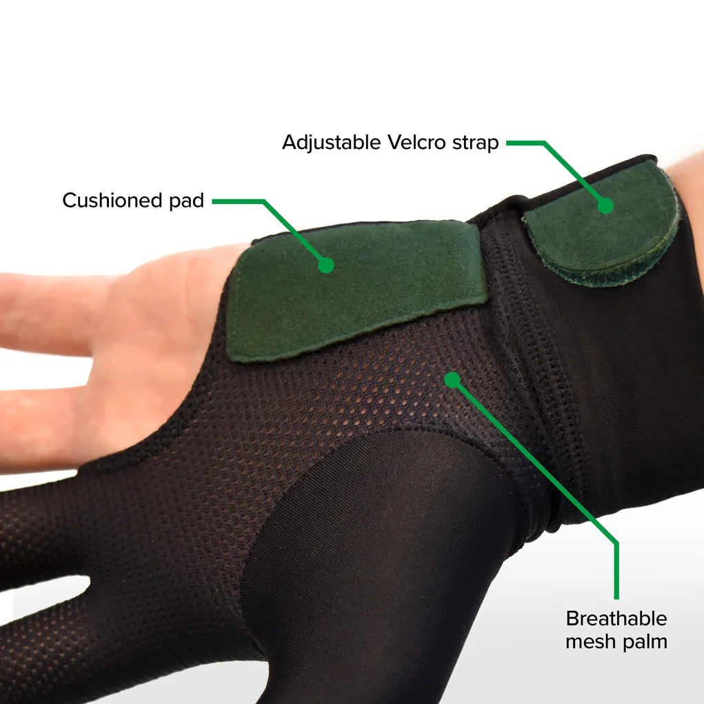 Underside Of The McDermott Billiard Glove Showing The Cushioned Pad, Velcro Wrist Strap And Breathable Mesh Palm
