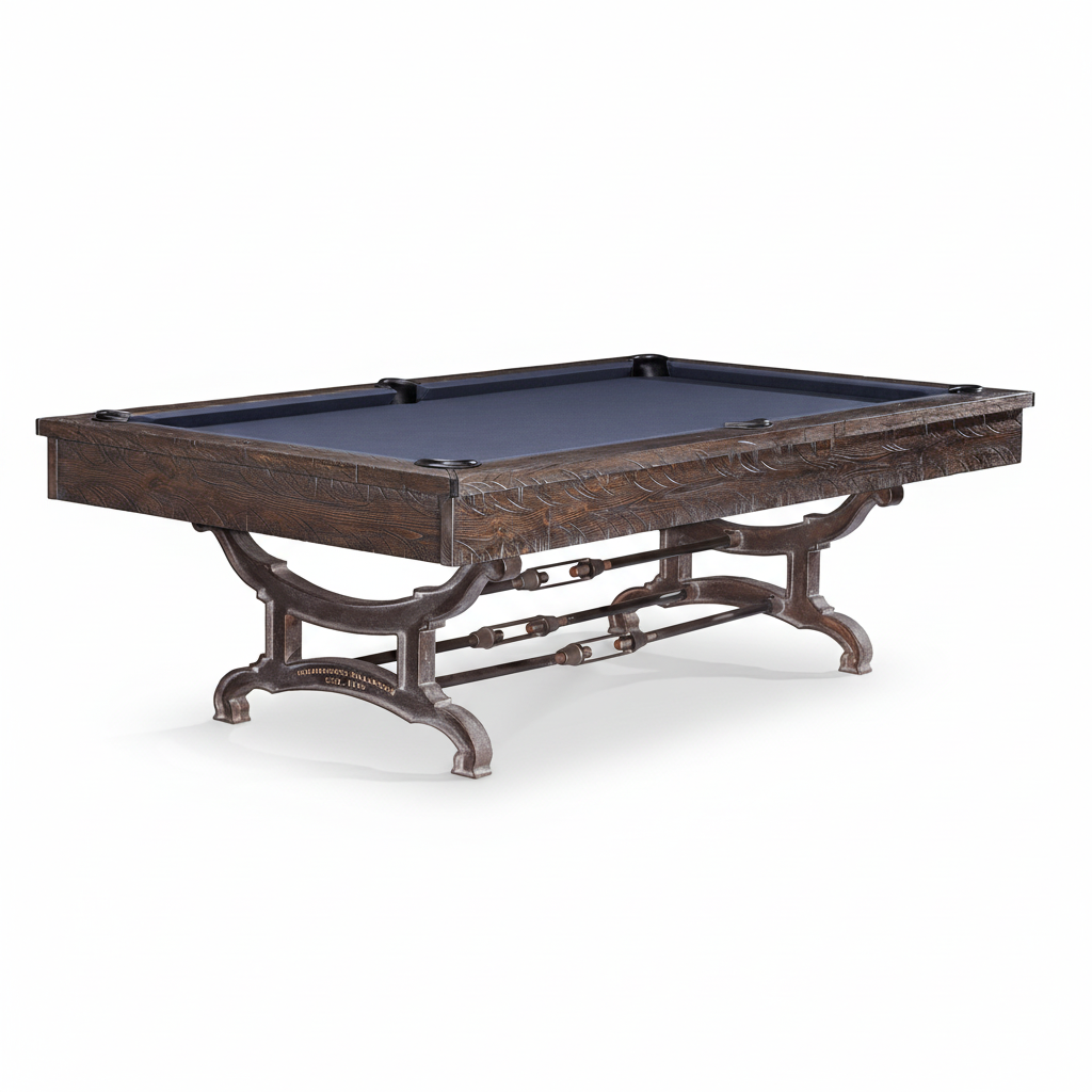 Wooden pool table with a dark green felt surface on a white background