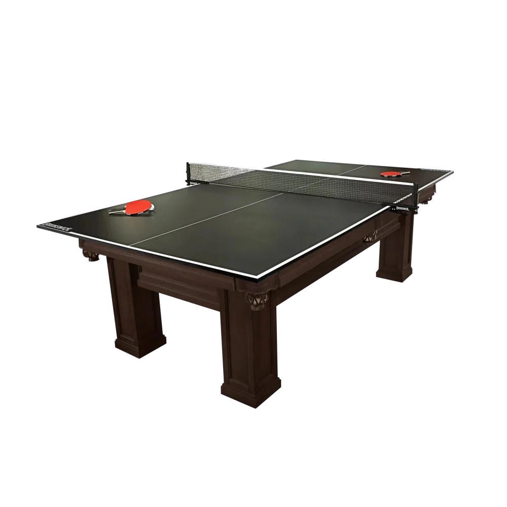 Brunswick Table Tennis Conversion Top With Net and Paddles on a Dark Wood Pool Table