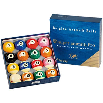 Super Aramith Pro-Cup Pool Ball Set in Open Blue Box with Lid Behind