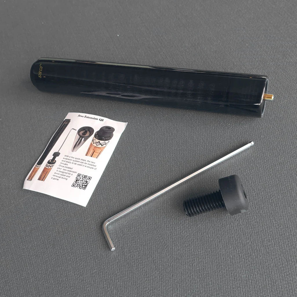 Joss QR 6 Inch (15.2 Cm) Quick-Release Cue Extension In Glossy Black With A Gold Joss Branding
