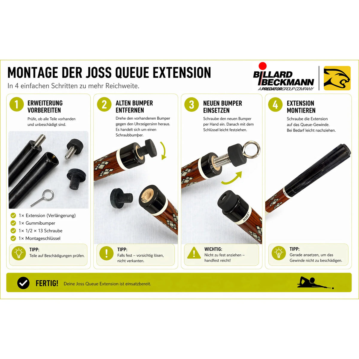 Four-Step Diagram For Installing A Cue Extension
