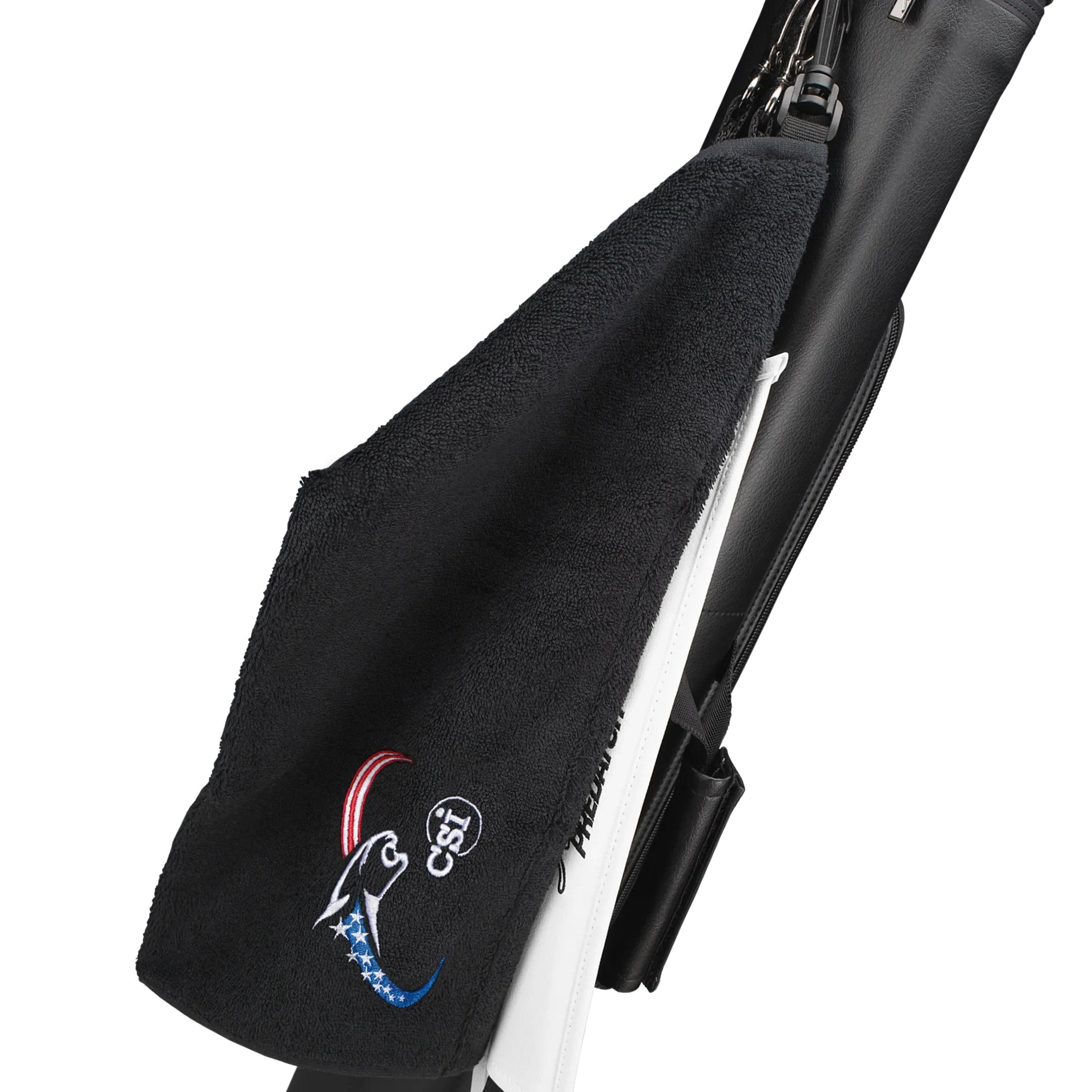 Black towel with red, white, and blue CSI Brand Cipped to a Pool Cue Case