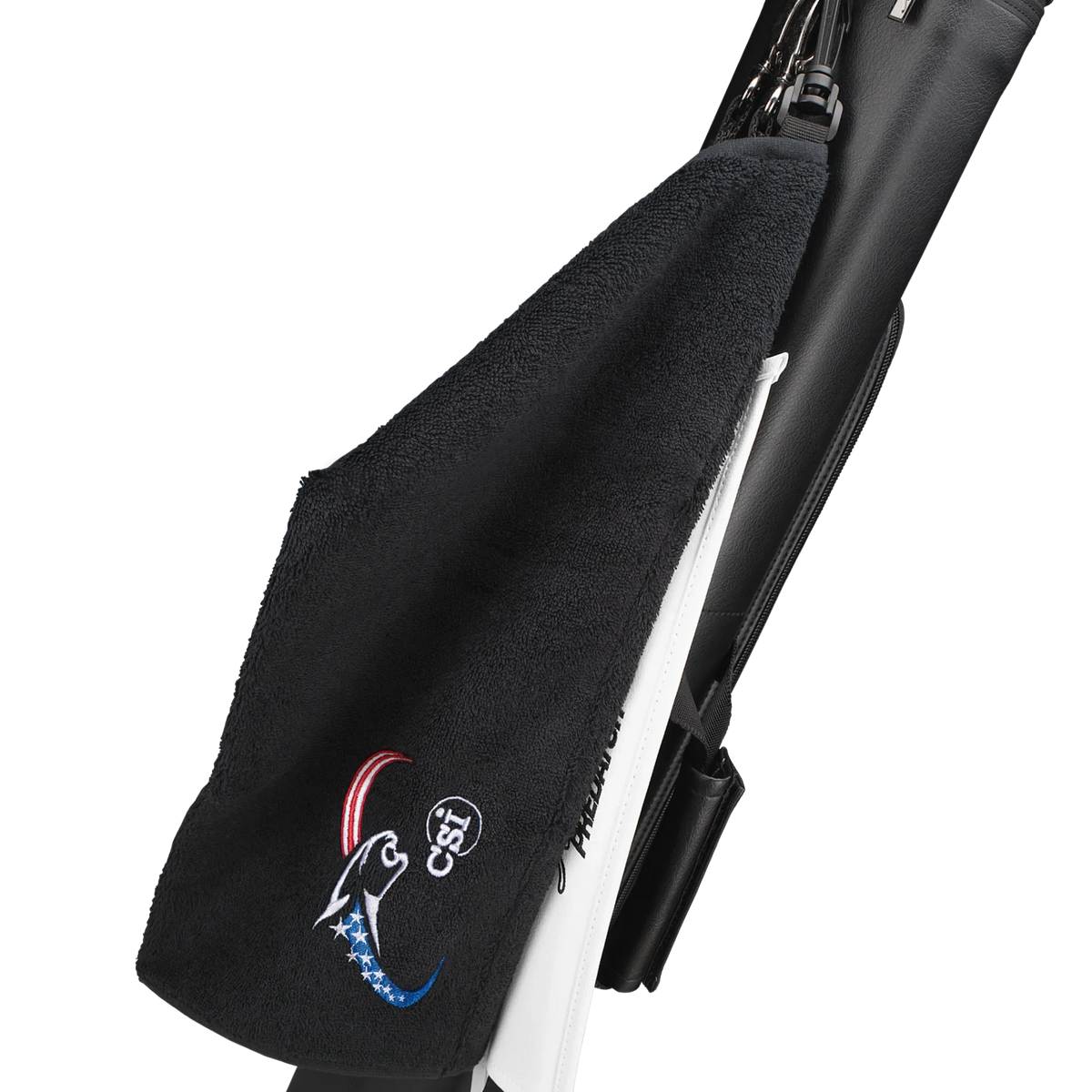 Black towel with red, white, and blue CSI Brand Cipped to a Pool Cue Case