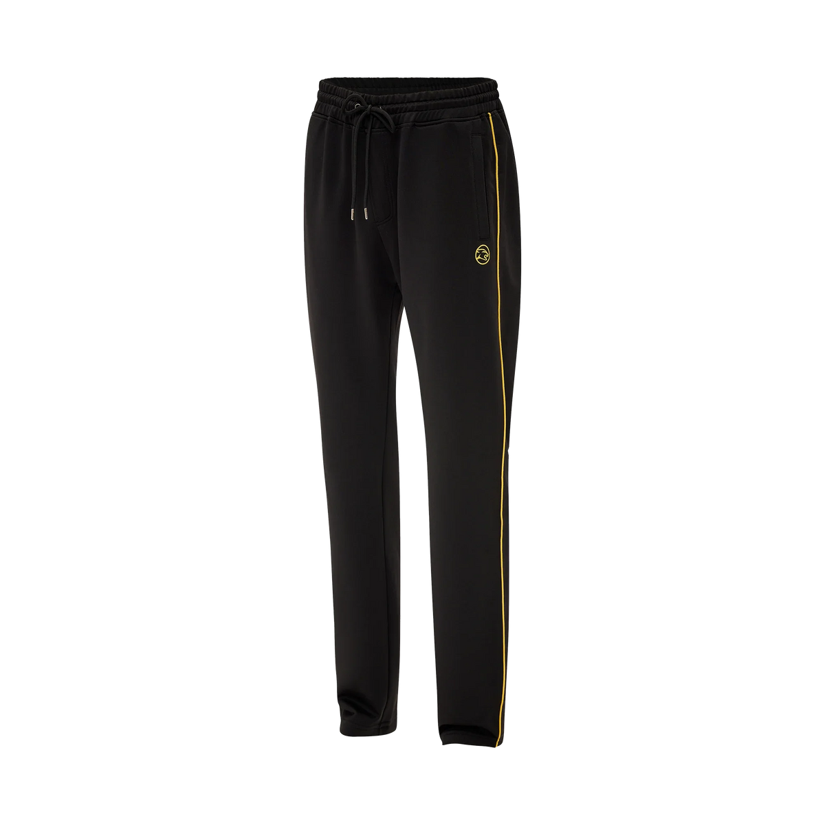 Black drawstring jogging pants with single yellow stripe