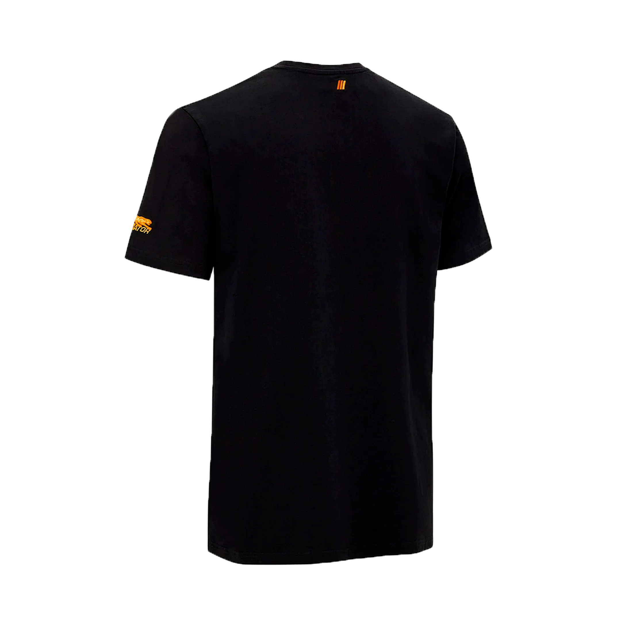 Back view of black t-shirt yellow cat head graphic