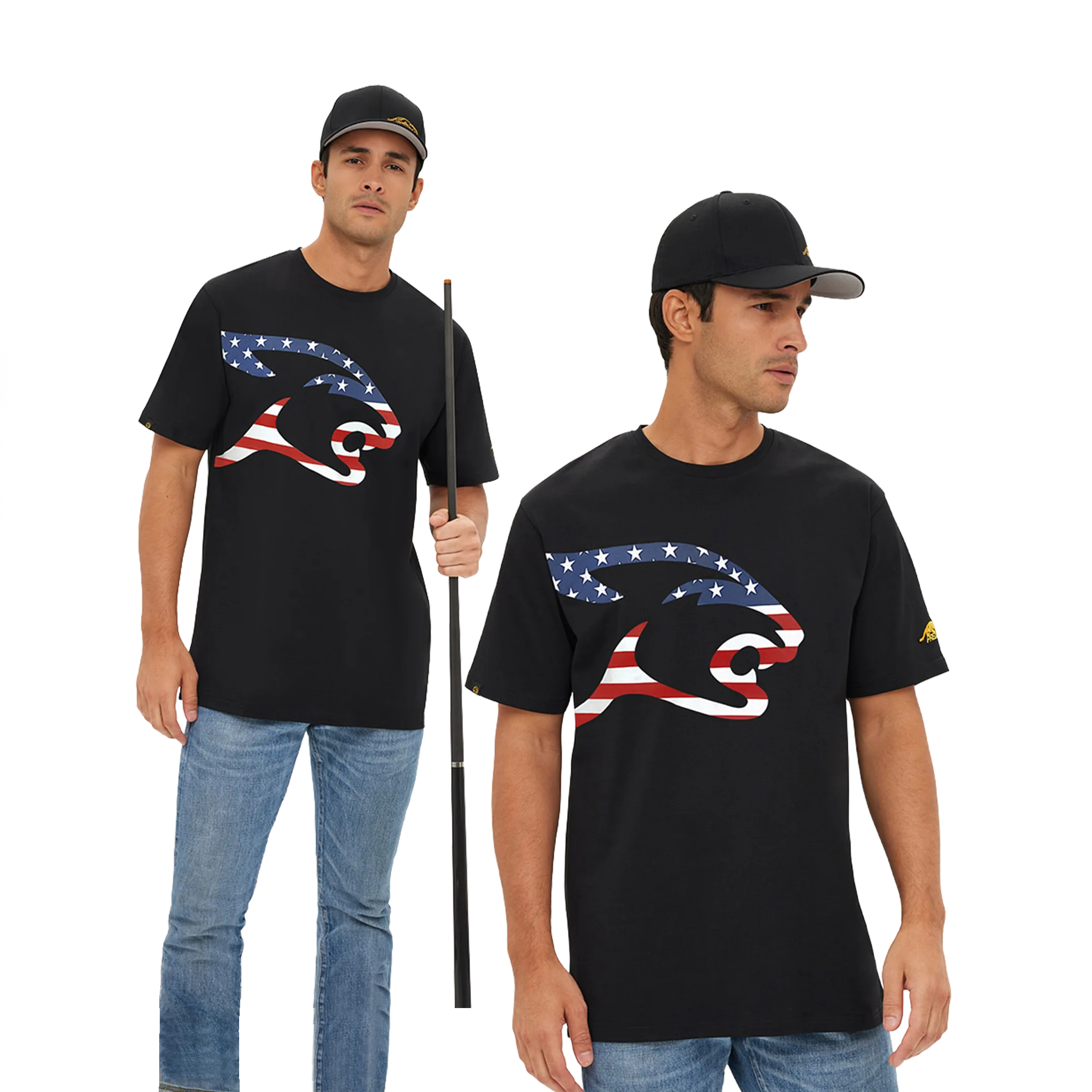 Man wearing black t-shirt with a United States flag cat head design