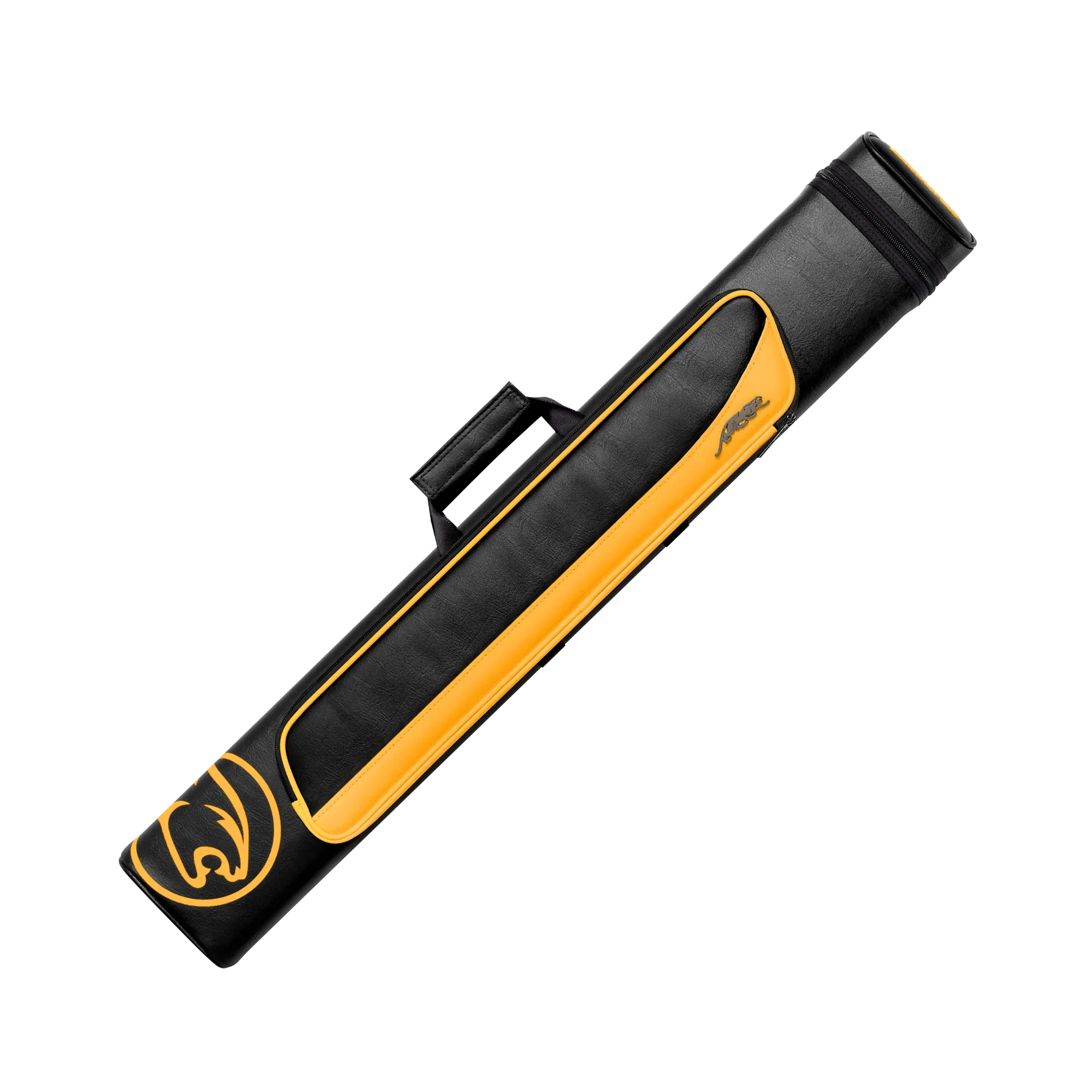 Black and yellow pool cue case with a cat head circle branding