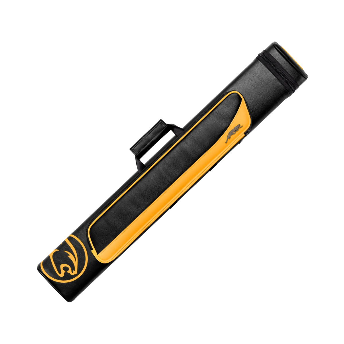 Black and yellow pool cue case with a cat head circle branding