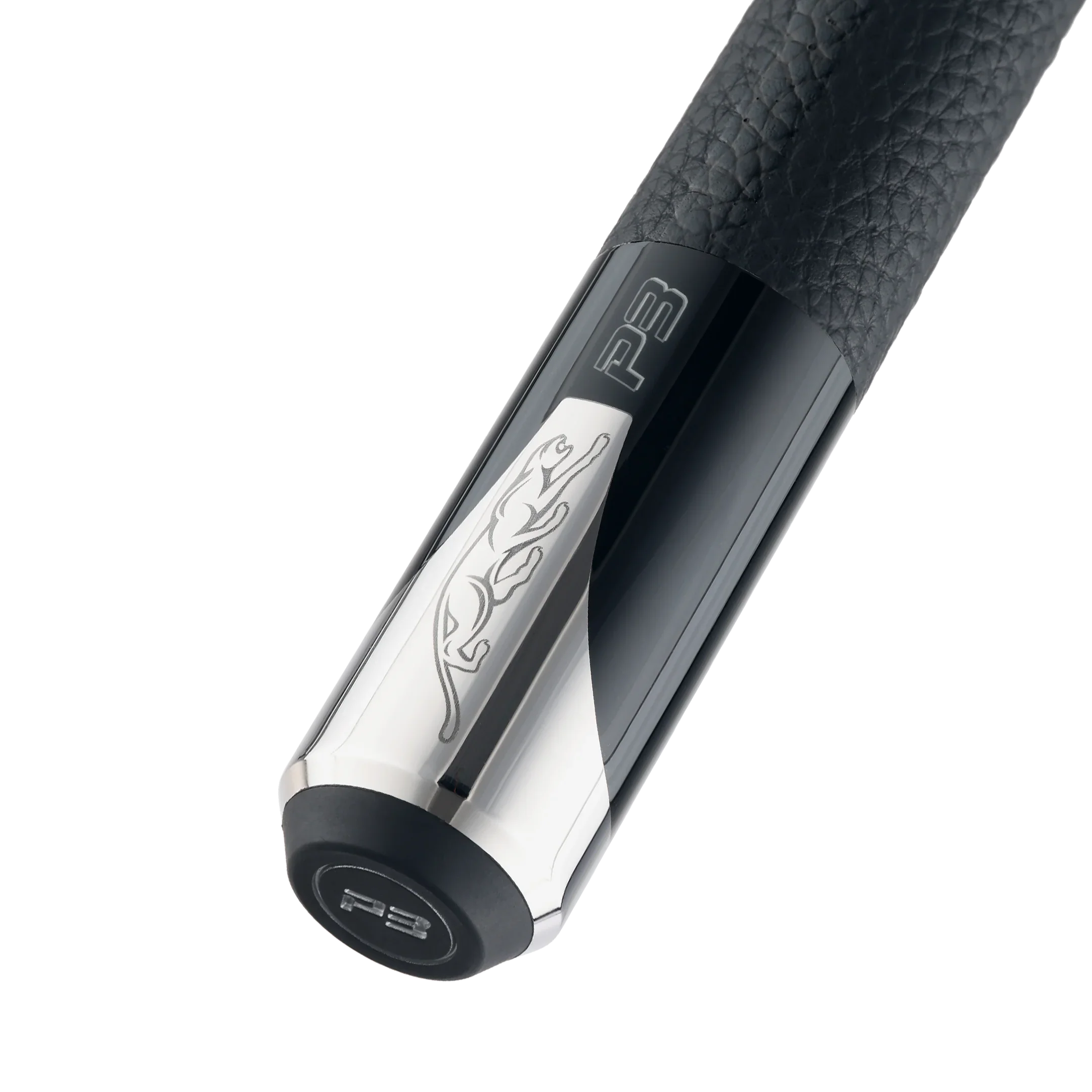 P3 Black Pool Cue Luxe Leather Wrap Butt Closeup Rotated