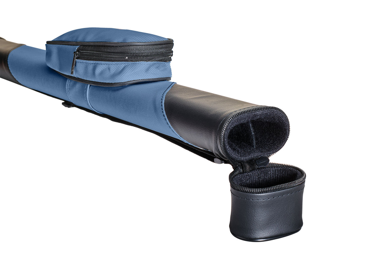 Billiard Oval 1x1 Blue/Black Hard Pool Cue Case With Shoulder Strap and Pocket Open