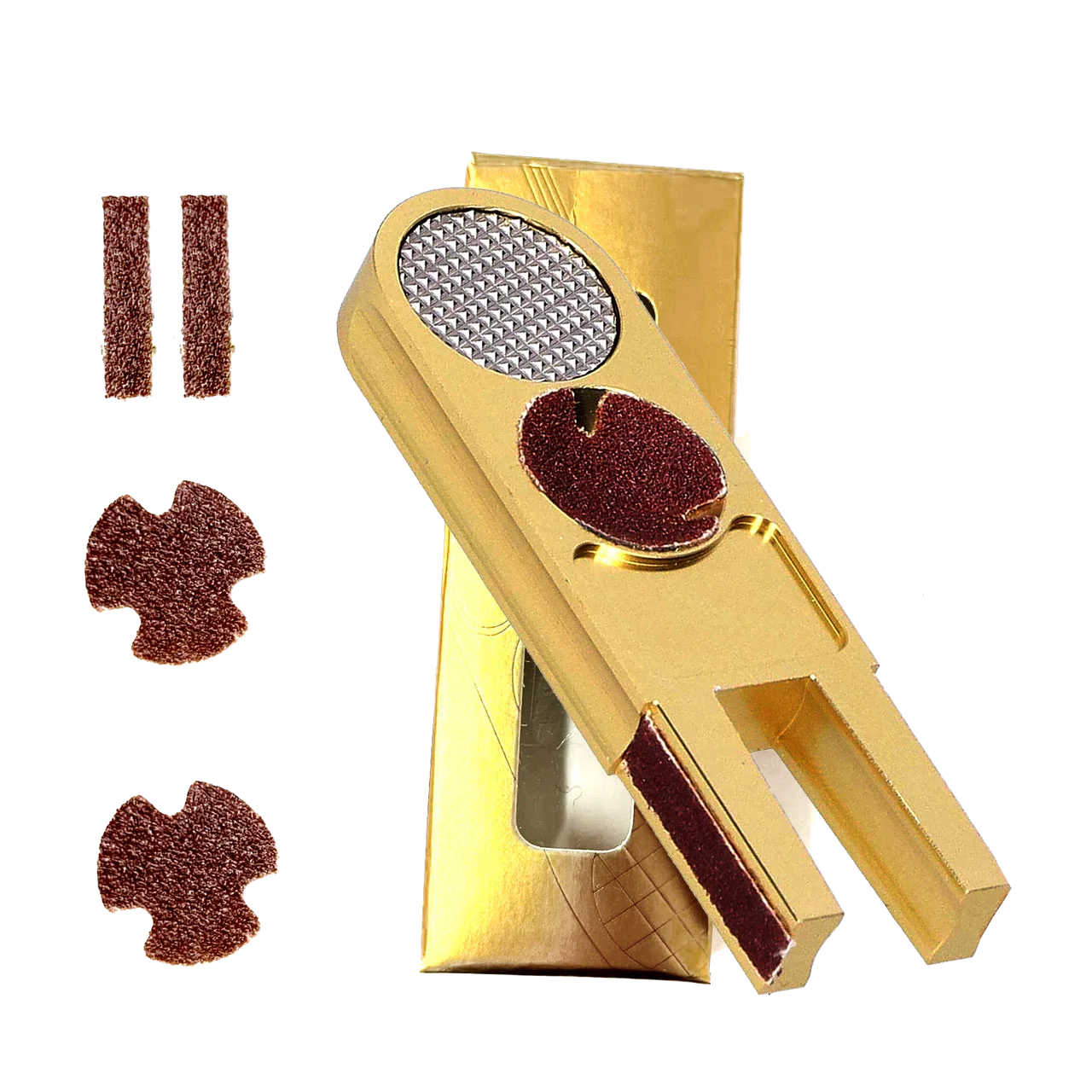 Gold Multi-Function Cue Tip Tool With Scuffer, Sanding Pads and Replacement Abrasives