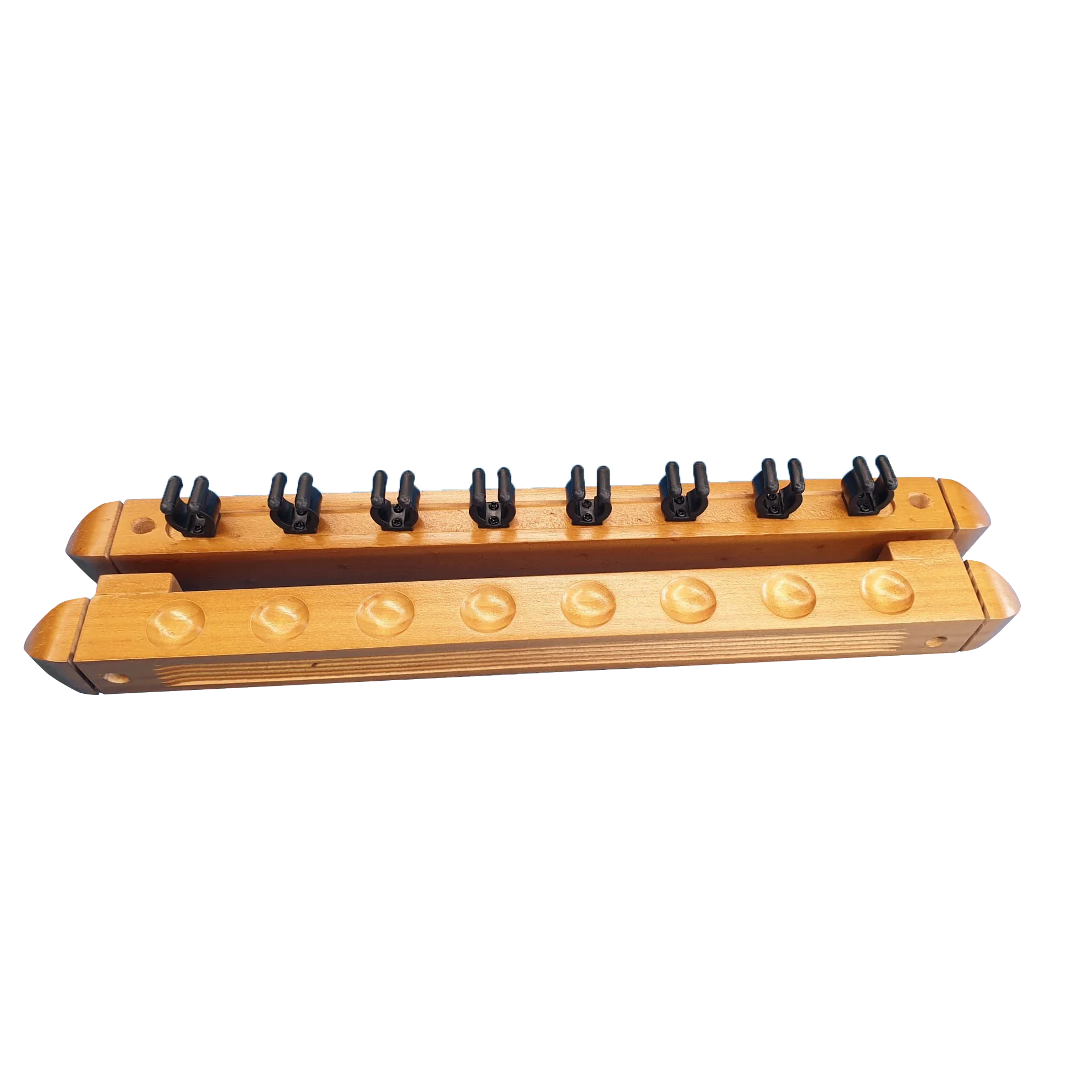 Antik Wall-Mounted Cue Rack For 8 Cues In Chestnut Wood, With Eight Black Cue Clips