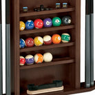 Brunswick Heritage Wall Rack Shelves in Espresso Holding Pool Balls, Chalk and a Brush