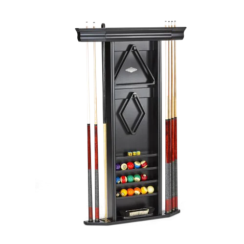 Brunswick Heritage Cue Wall Rack in Matte Black With Cues, Racks and Pool Balls