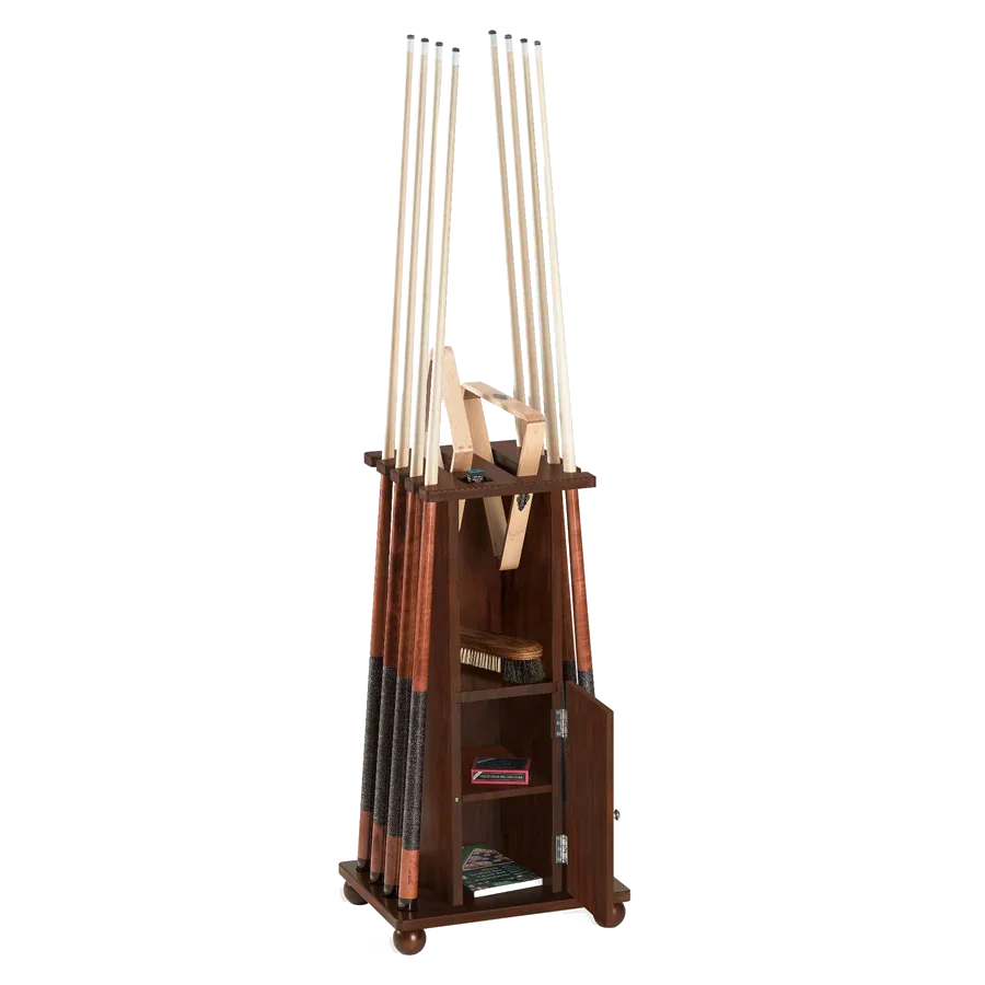 Brunswick Heritage Floor Cue Rack In Tuscana With The Storage Door Open