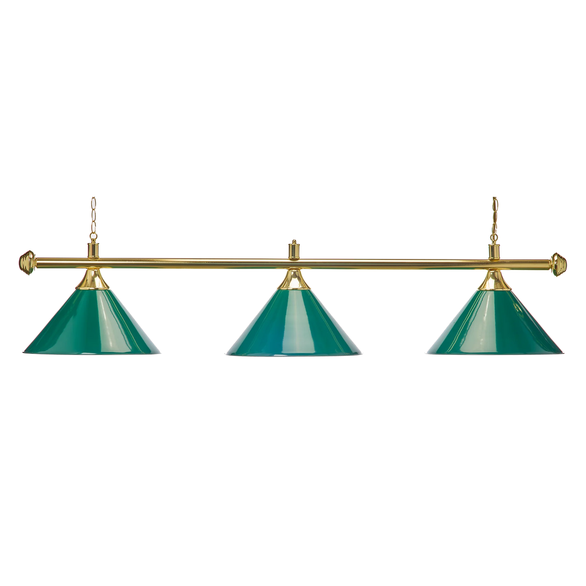 Evergreen 3-Shade Billiard Lamp With Green Cone Shades on a Brass Bar With Hanging Chains
