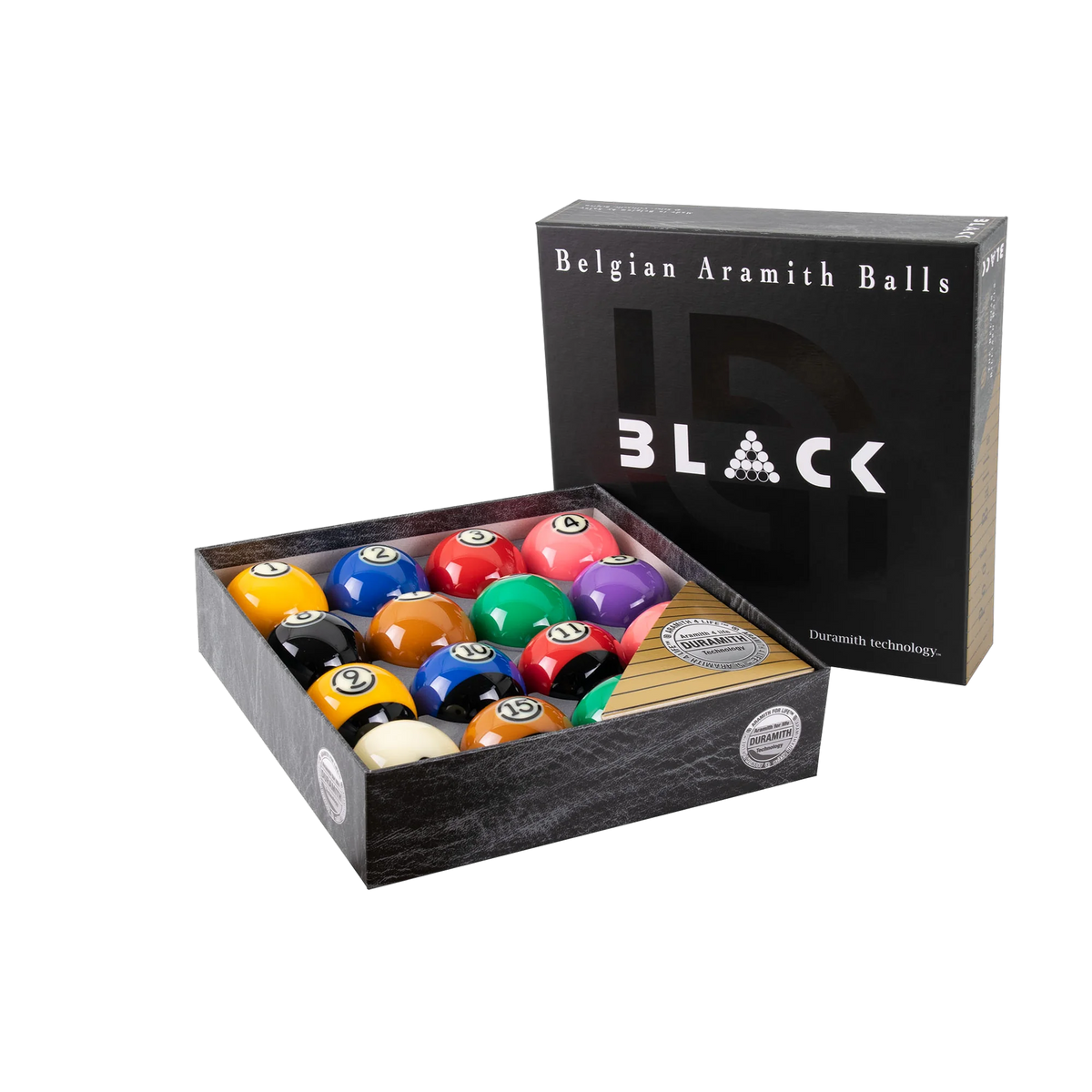 Aramith Tournament Black Pool Ball Set in Its Open Box With Duramith Technology Seal