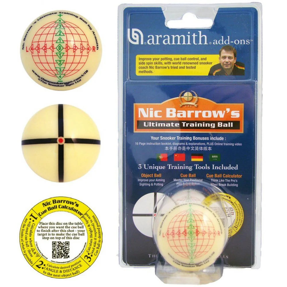 Nic Barrow’s Ultimate Training Ball by Aramith, Two Ball Sides, Cue Ball Calculator Disc and Pack