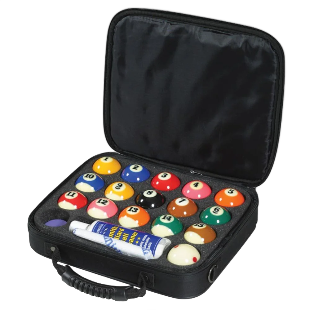 Aramith Super Pro TV Pool Balls, 57.2 mm, in Open Black Carry Case with Ball Cleaner