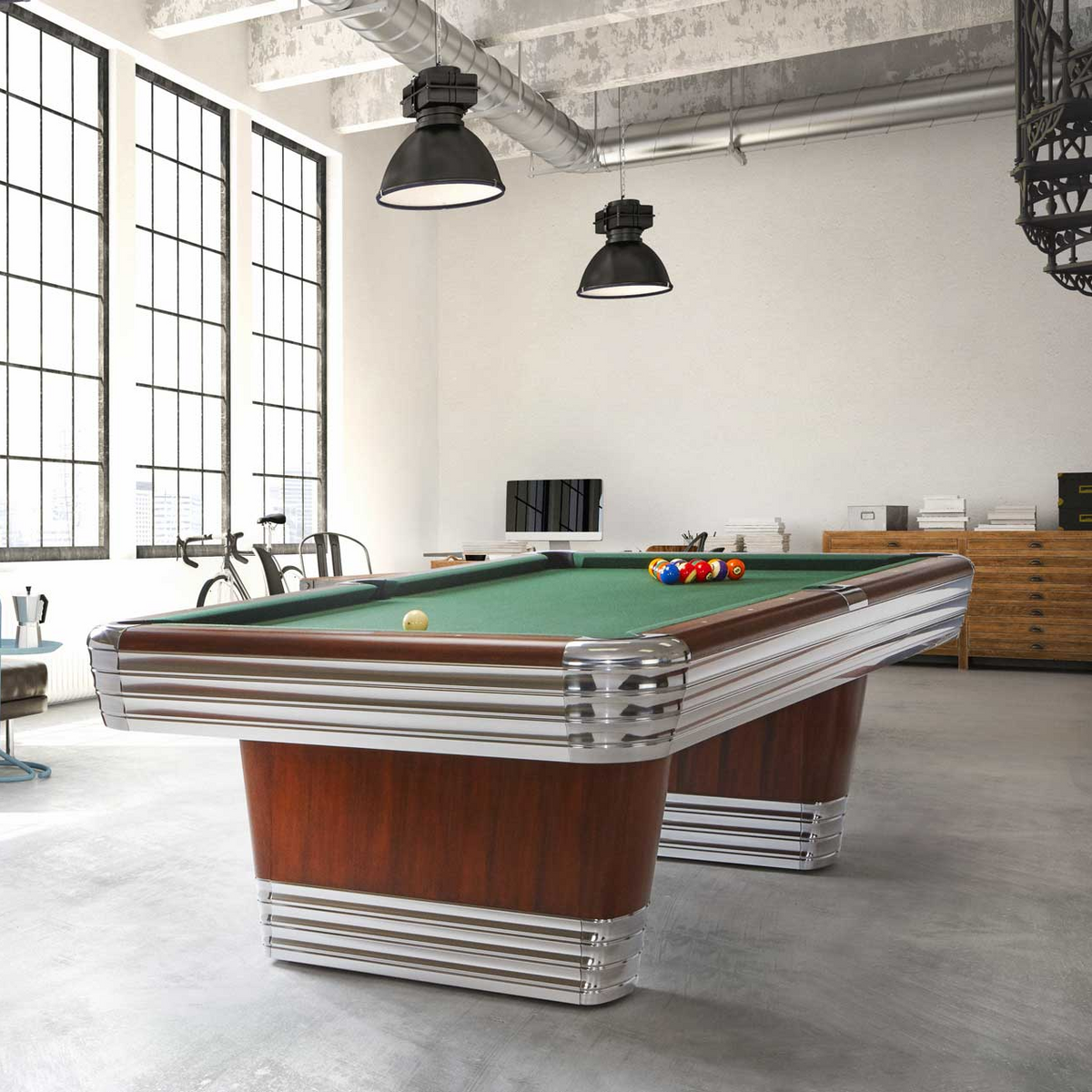Brunswick Centennial Rosewood/Chrome 8ft Pool Table In a Room With Lights