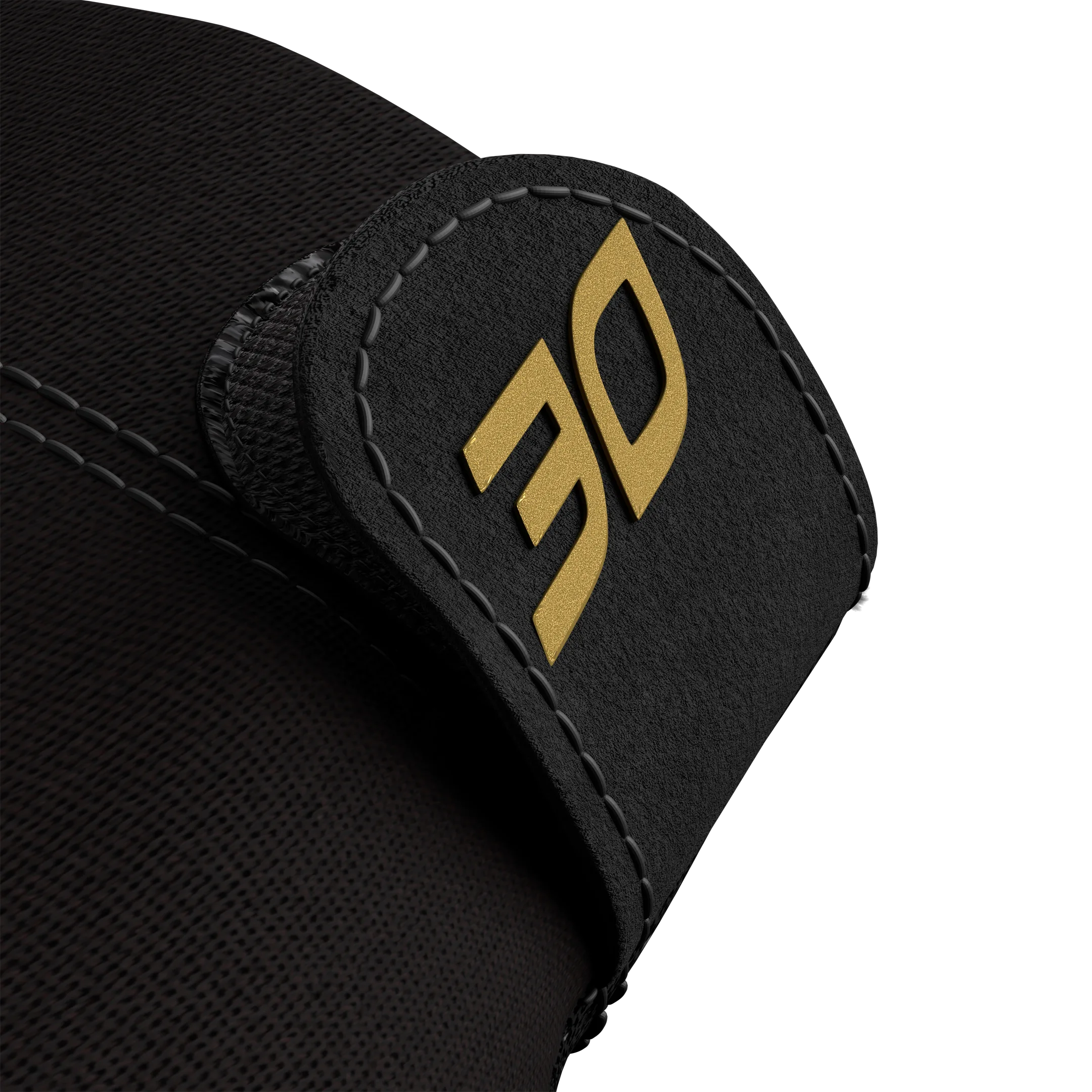 Close-up of black glove fabric with black glove lock featuring gold 30 branding
