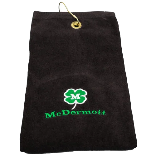Black McDermott Cue Towel With Green Shamrock Logo and Brass Grommet Hook