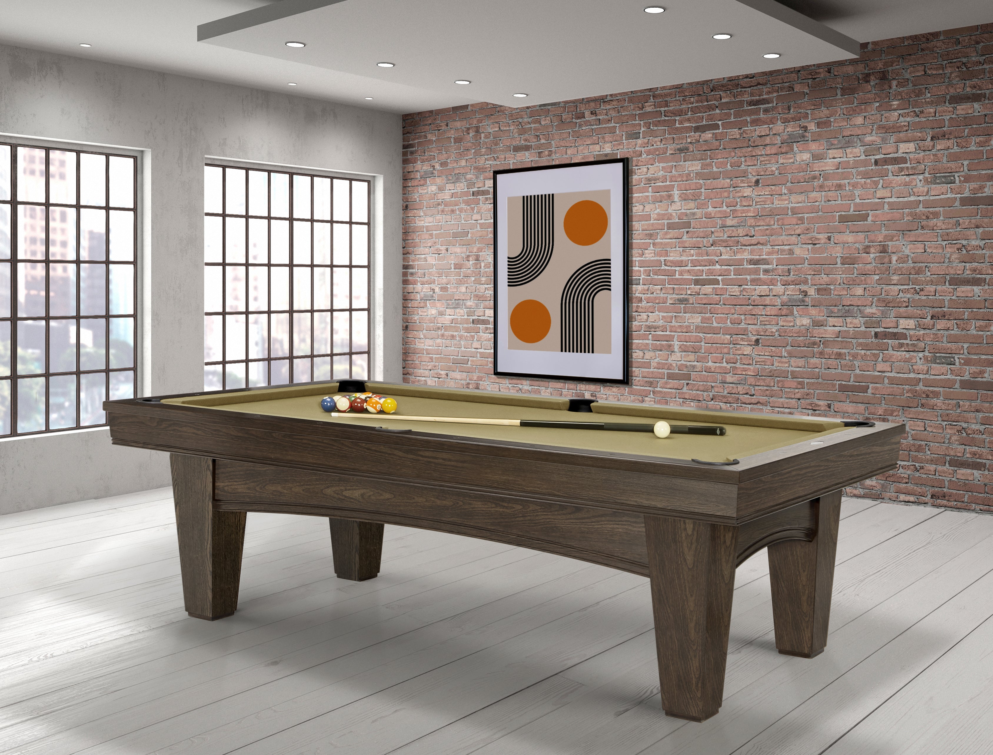 Brunswick Winfield Coffee 8ft Pool Table In a Room with a Pool Cue and Balls
