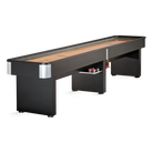 Brunswick Delray Matte Black 9ft Shuffleboard Table With Pucks On a Shelf