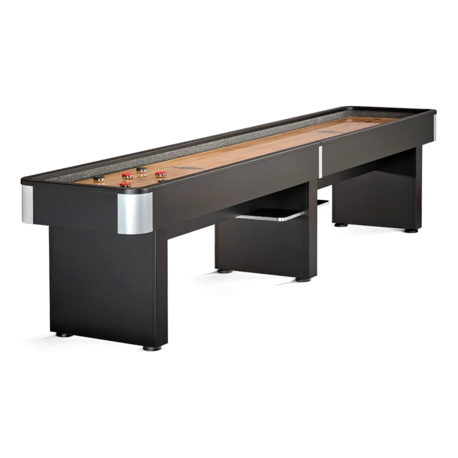 Brunswick Delray Matte Black 9ft Shuffleboard Table With Red and Black Pucks